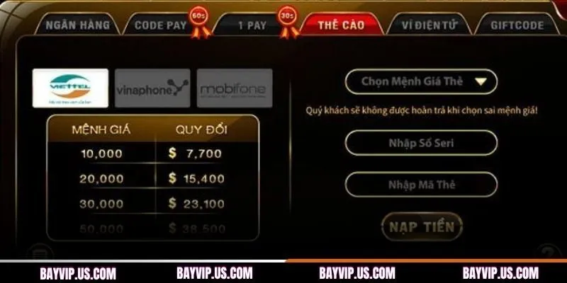 Tổng hợp các hình thức nạp tiền tại BAYVIP 